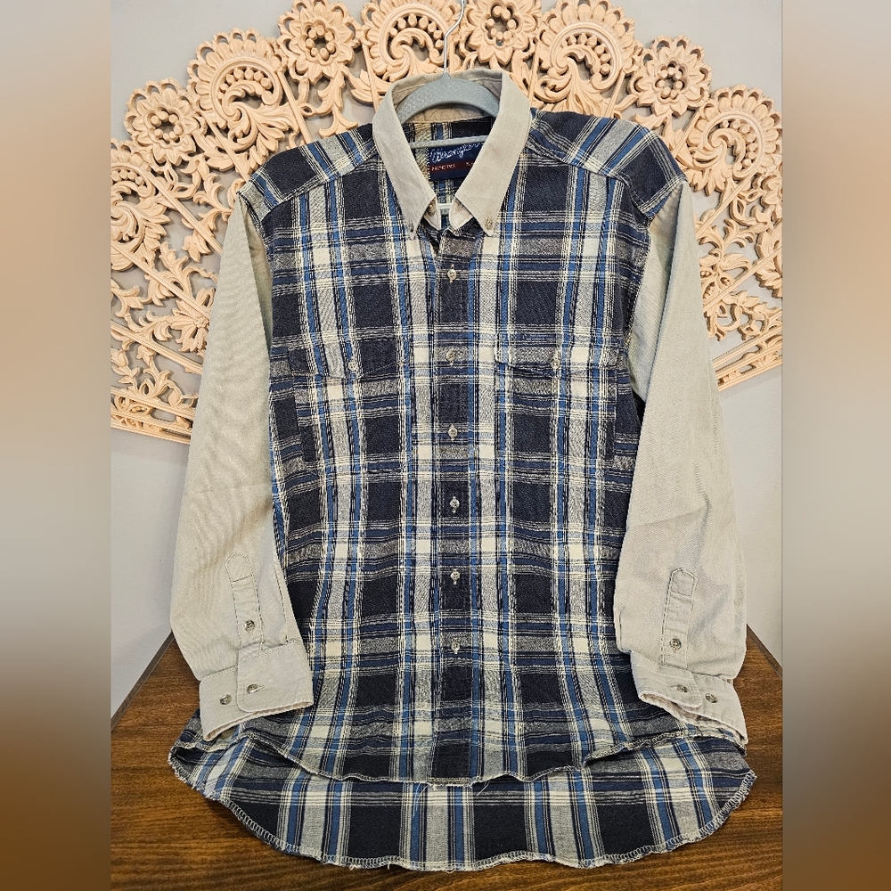 Vintage Wrangler X Long Tail Plaid Cotton Button Down Large 16.5 34 USA 🇺🇸